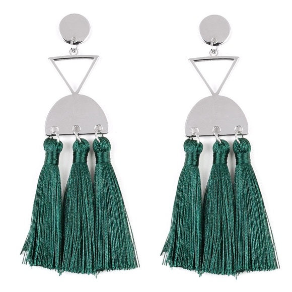 Paparazzi Tassel Trippin - Green - Thread / Fringe / Tassel - Silver Disc - Post Earrings - The Jewelry Box Collection 